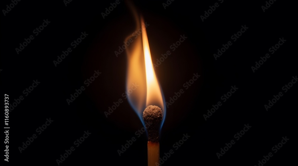 A lone matchstick ignites, its flame dancing in the dark, a tiny beacon of warmth and light against the black void.