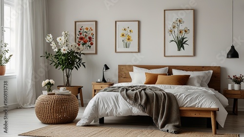 Flowers on wooden stool and pouf in white bedroom interior with posters above bed. Real photo