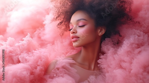 Woman in pink dress expresses joy under pink clouds