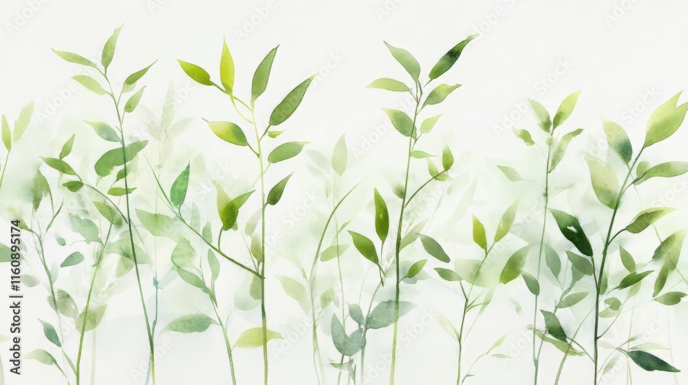 Fototapeta premium Delicate Green Leaves Watercolor Print - Tranquil Botanical Art