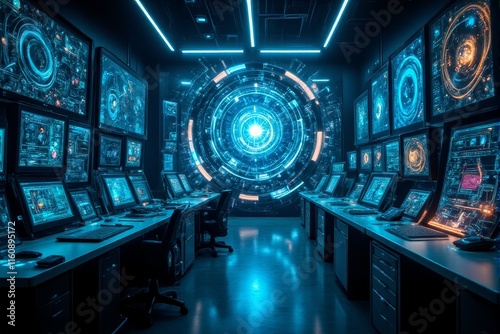 A futuristic quantum lab with advanced computing equipment