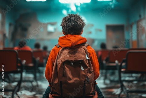 A classroom with a student sitting alone in the back, surrounded by others ignoring them, highlighting social isolation
