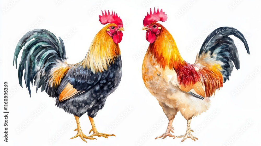 Fototapeta premium Pair of Majestic Roosters in Vibrant Watercolor Style