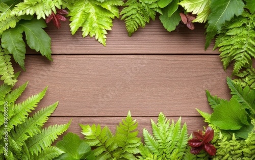 Lush green fern leaves framing an empty wooden board for nature inspired backgrounds and eco friendly concepts photo