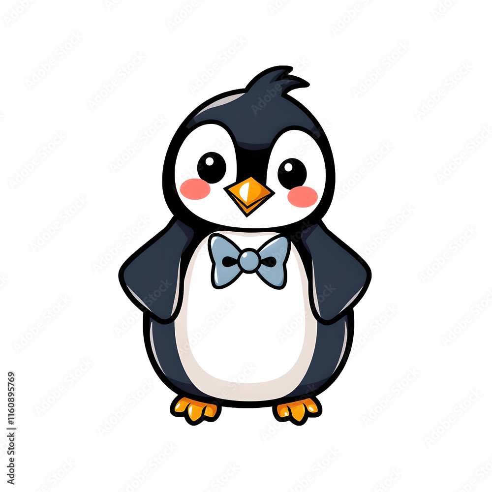 Fototapeta premium Adorable Penguin Wearing Bowtie: Kawaii Contour Vector Art on White Background