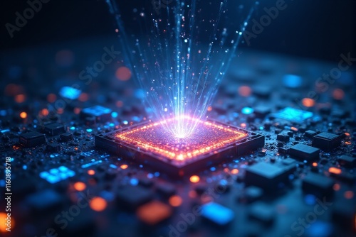 A quantum computer core emitting beams of light in a clean tech lab