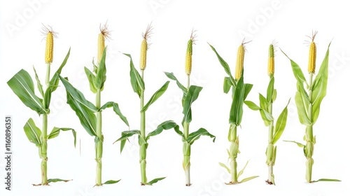 Eight young corn plants isolated on white background. photo