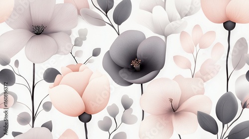 Seamless pastel floral pattern with soft pink, grey flowers and eucalyptus leaves on white background.