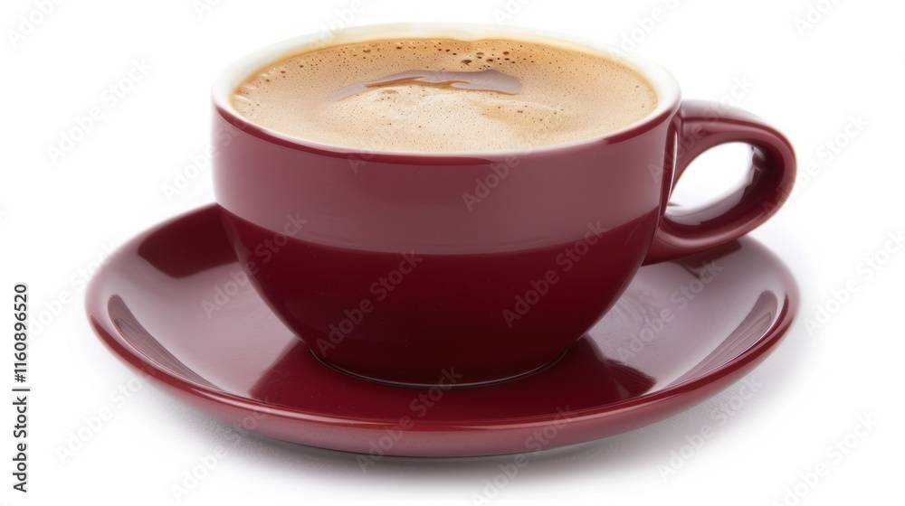 Fototapeta premium A cup of coffee with crema in a dark red cup and saucer on a white background.