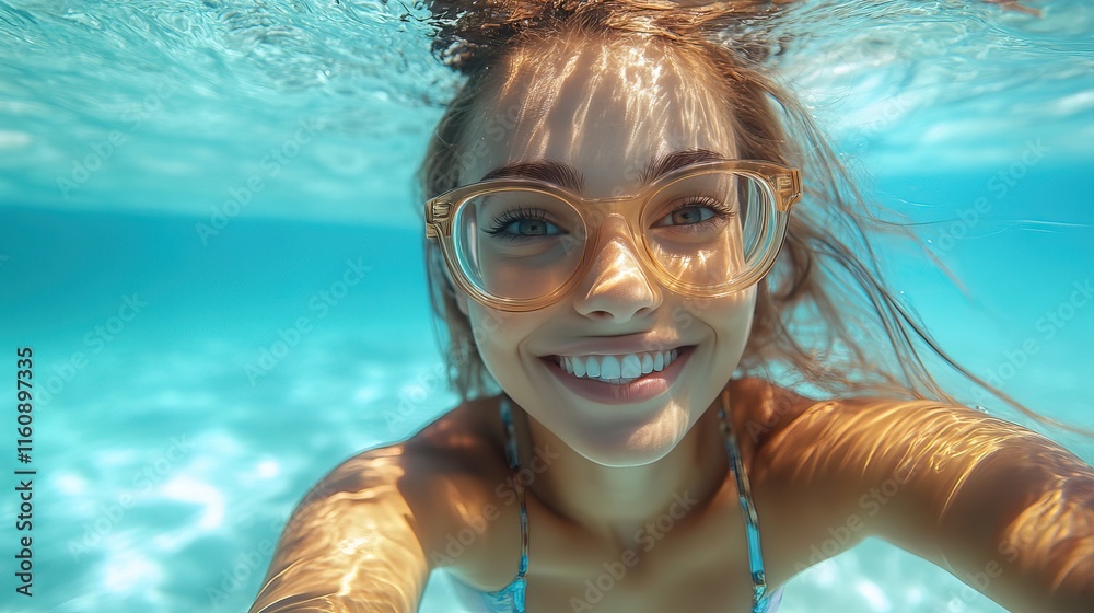 Fototapeta premium young woman selfie portrait and swimming with group for travel freedom or vacation healthy happiness with friends on beach