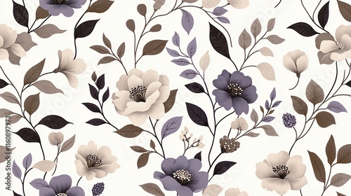 Seamless floral pattern with beige and purple flowers and leaves on white background.