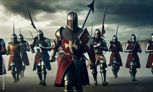 Armored warriors advance with fierce determination, swords raised and shields ready, as dark clouds loom above them. The atmosphere crackles with tension, heralding a clash of steel and valor