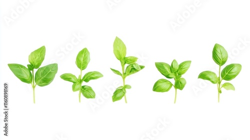 Five fresh basil sprigs isolated on white.