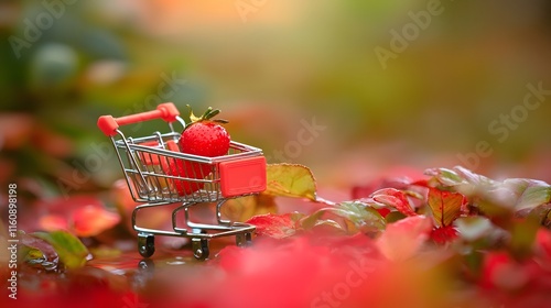 Miniature Shopping Cart Holds Single Strawberry Autumn Leaves photo