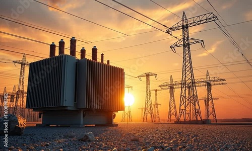 Witness the breathtaking beauty of a sunset casting golden hues over a power transformer station surrounded by tall electrical towers, creating a striking industrial vista
