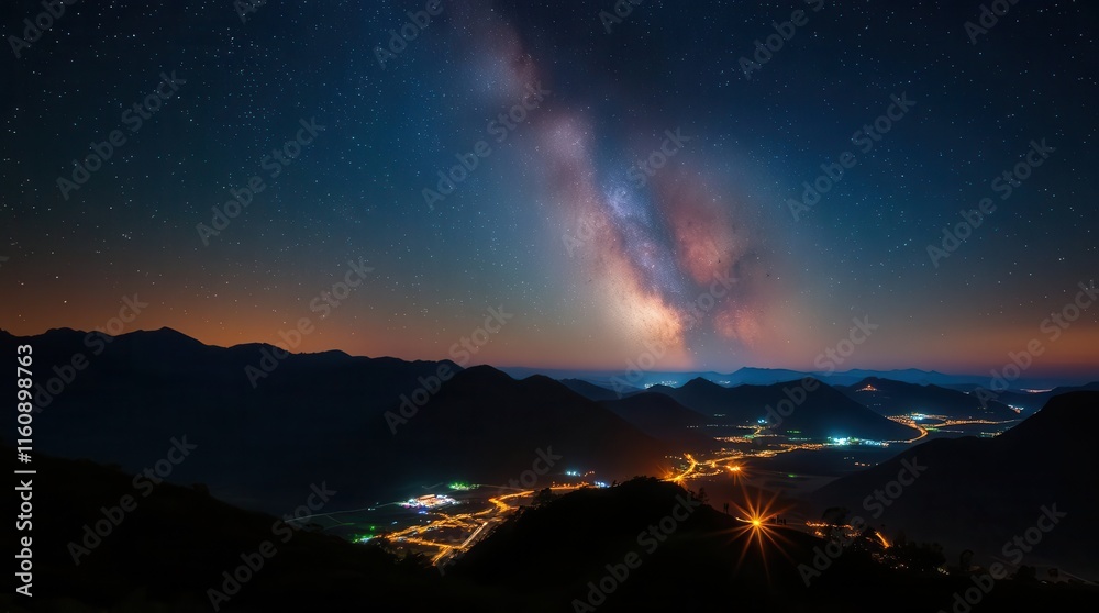 A breathtaking view of the Milky Way galaxy over a tranquil valley, illuminated by distant lights and surrounded by majestic mountains.