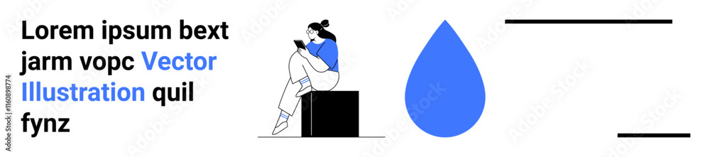 Woman reading digital book while sitting on a cube, text block with lorem ipsum placeholder text, blue water droplet, and horizontal lines. Ideal for technology, education, design, digital content