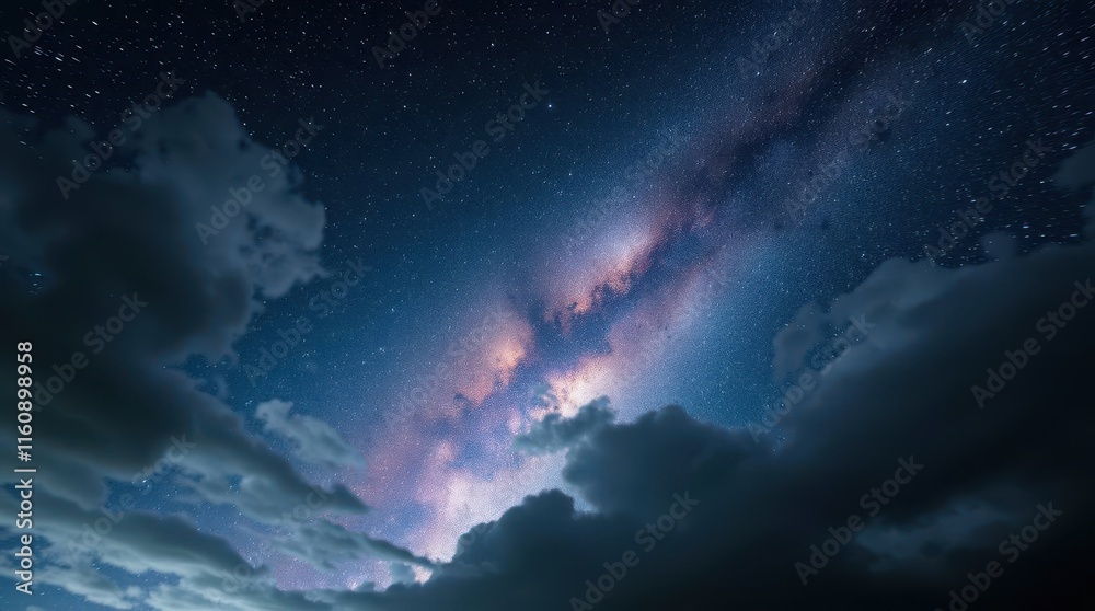A stunning view of the galaxy at night, with vibrant stars shining through wispy clouds in a deep blue sky. A stunning view of the galaxy at night, with vibrant stars shining through wispy clouds in a deep blue sky.