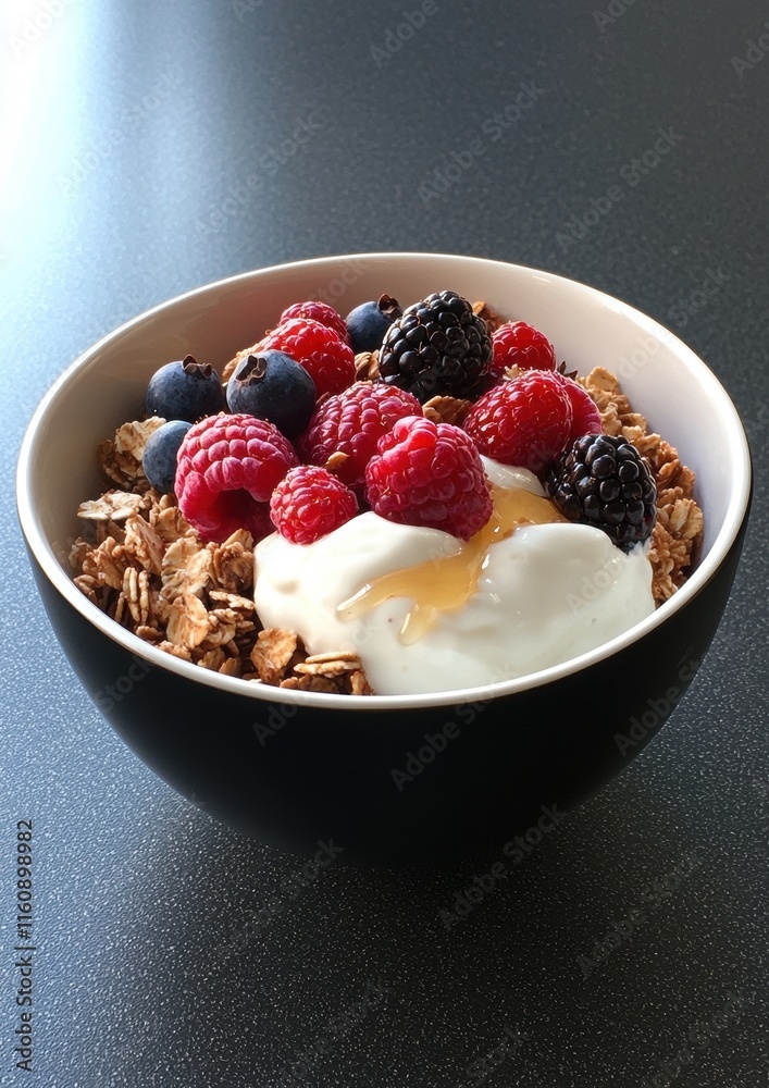 A bowl of cereal with blueberries, raspberries, and yogurt A bowl of cereal with blueberries, raspberries, and yogurt