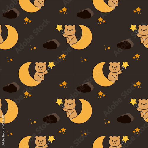 Bear and moon cartoon so cute. On star cloud background. Pattern seamless vector illustration. 