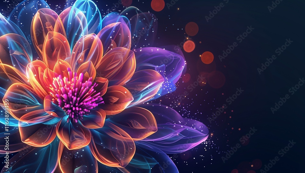 A vibrant digital illustration of an abstract flower, with glowing petals and intricate patterns, set against a dark background with bokeh. A vibrant digital illustration of an abstract flower, with glowing petals and intricate patterns, set against a dark background with bokeh.
