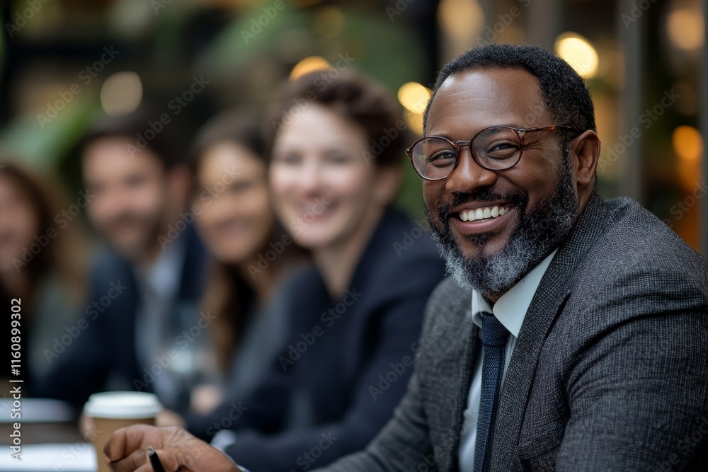 Diverse businesspeople laughing during a meeting around an offic, Generative AI