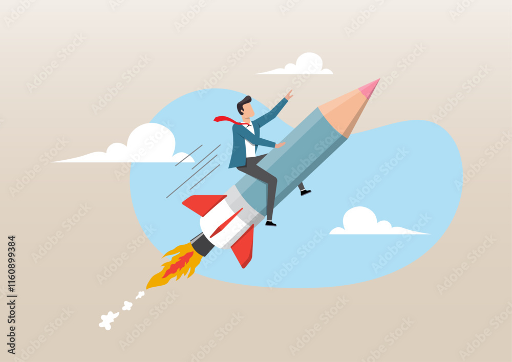 creative man riding pencil rocket flying in the sky creative man riding pencil rocket flying in the sky