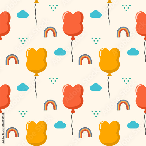 Rabbit balloon cartoon so cute. On cloud rainbow background. Pattern seamless vector illustration. 

