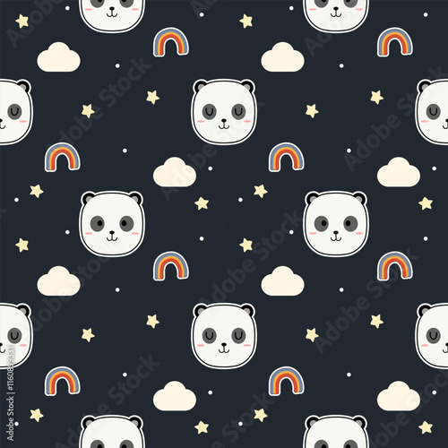 Face panda cartoon so cute. On rainbow cloud star background. Pattern seamless vector illustration. 