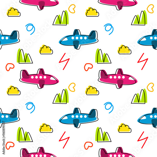 Airplane colorful cartoon so cute. On mountain cloud white background. Pattern seamless vector illustration. 