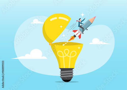 man riding pencil rocket from opening lightbulb