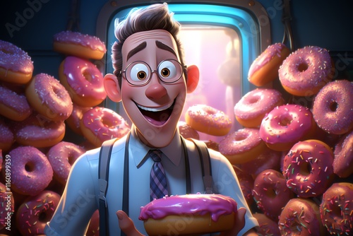 Happy man surrounded by donuts.