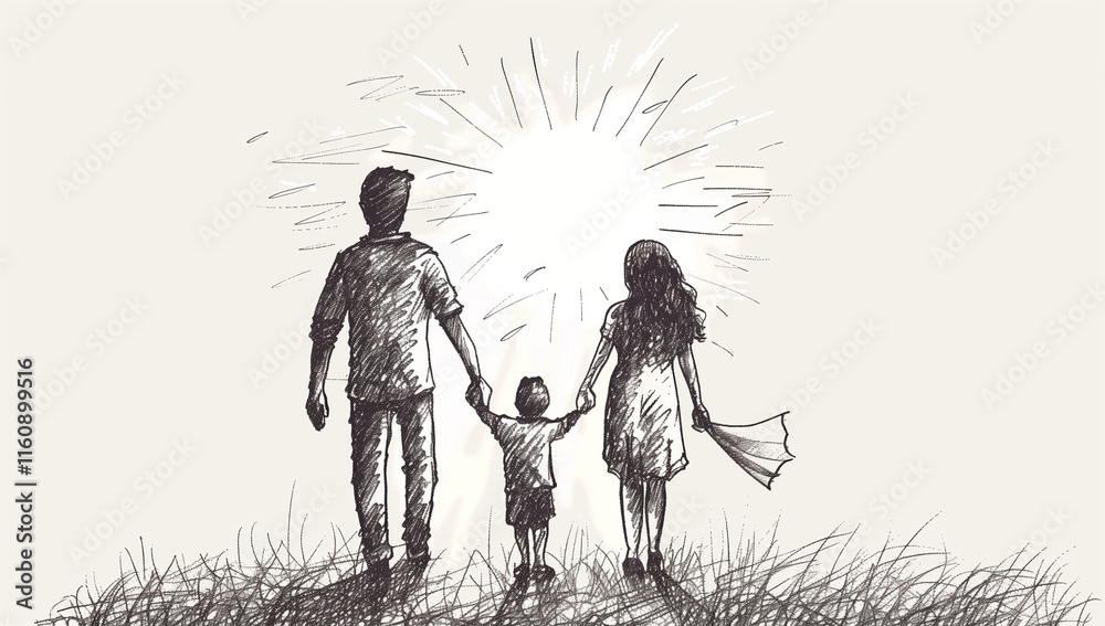 Obraz premium A simple sketch of two parents holding hands with their child, standing on grassy ground.