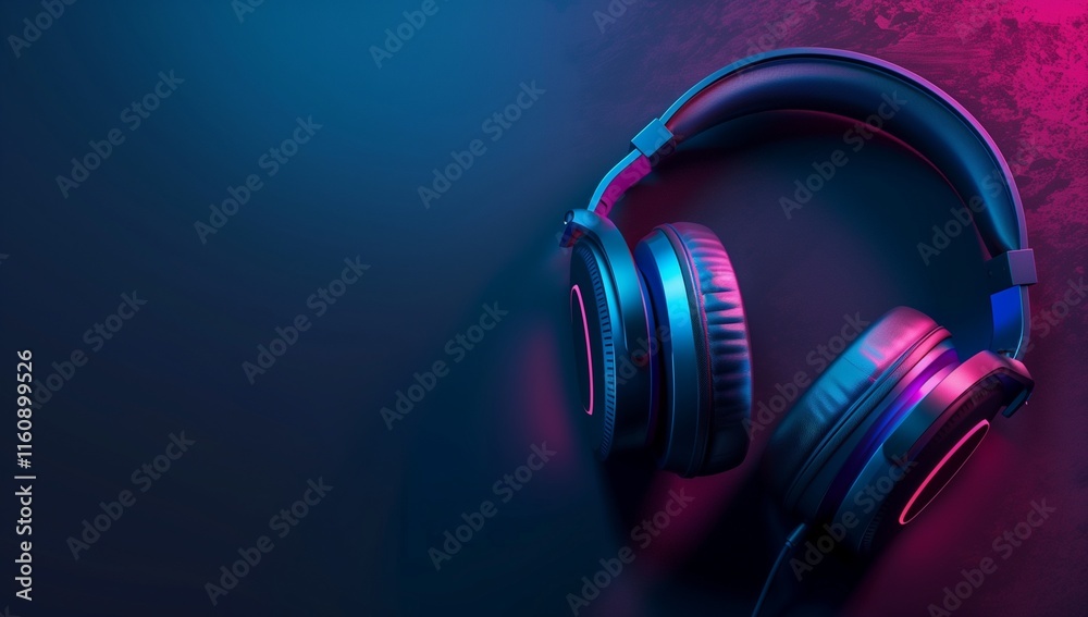 Gaming headphones on dark background with neon light, high angle view, banner design. Gaming headphones on dark background with neon light, high angle view, banner design.