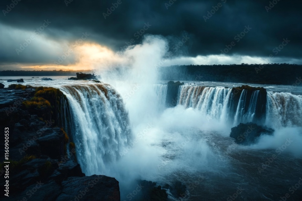 A dramatic night scene of Iguazú Falls illuminated by a full moon, with mist and shadows creating a mysterious and haunting ambiance A dramatic night scene of Iguazú Falls illuminated by a full moon, with mist and shadows creating a mysterious and haunting ambiance