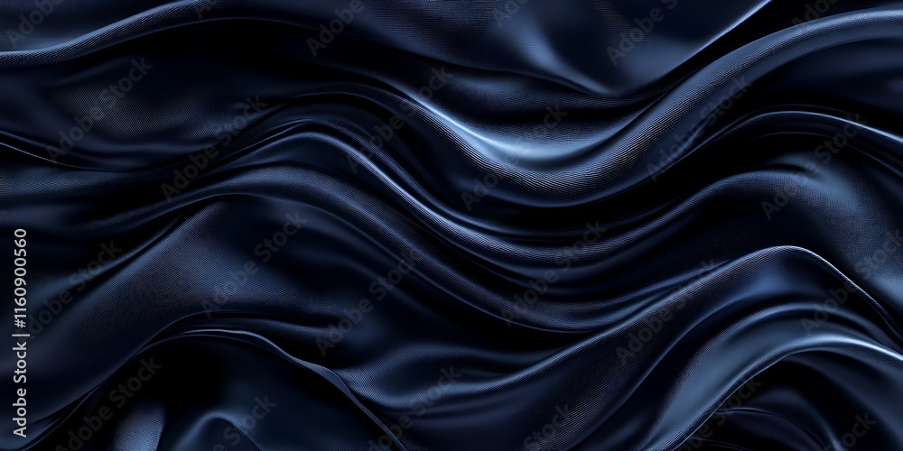 Fototapeta premium Abstract dark blue silk fabric waves, elegant flowing textile texture background.