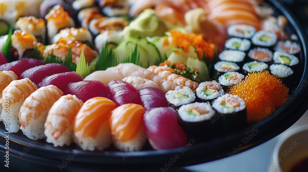 Delicious and Fresh Sushi Platter with an Array of Fish and Rice Delicious and Fresh Sushi Platter with an Array of Fish and Rice