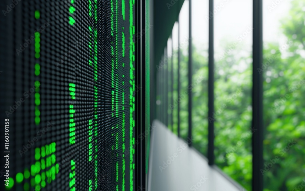Digital Display Board with Green Data Signs in Modern Office Space Digital Display Board with Green Data Signs in Modern Office Space