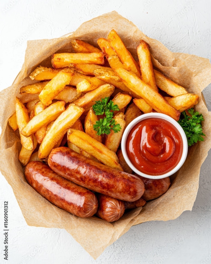 Grilled sausage with crispy French fries and ketchup, served in parchment paper on a rustic background, emphasizing comfort food and hearty flavors Grilled sausage with crispy French fries and ketchup, served in parchment paper on a rustic background, emphasizing comfort food and hearty flavors