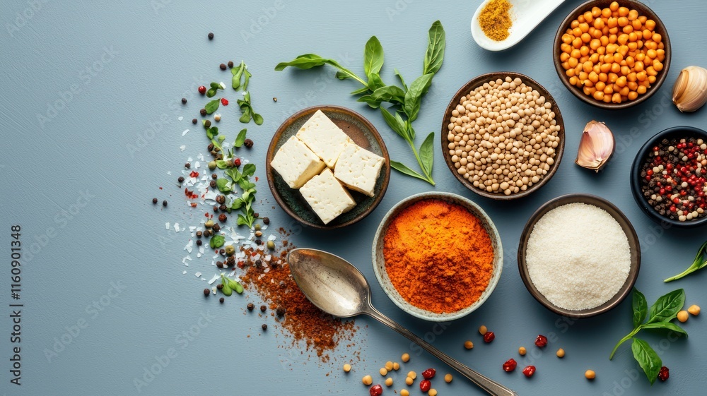 Assorted Ingredients Including Tofu, Spices, and Chickpeas on Blue Background Assorted Ingredients Including Tofu, Spices, and Chickpeas on Blue Background