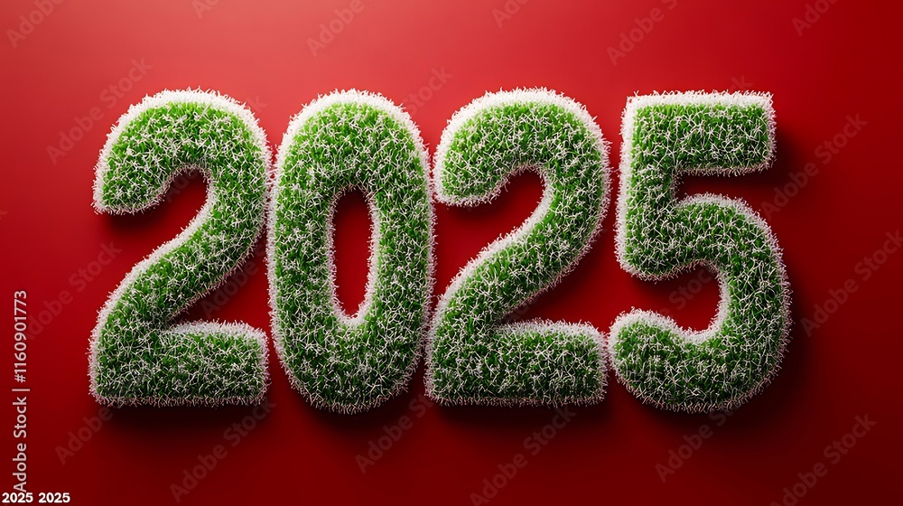 2025 New Year's number made of green grass with snow on red background. 2025 New Year's number made of green grass with snow on red background.
