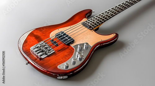 A Red Electric Bass Guitar with Four Strings photo