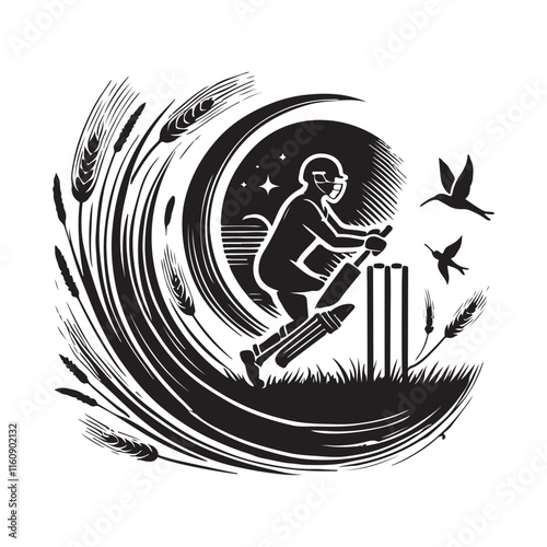 Cricket element Silhouette Vector Illustration, Solid White Background.