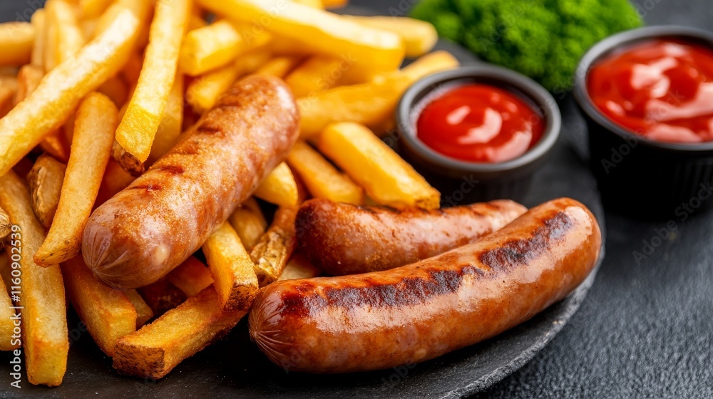 Juicy sausages served with golden French fries, fresh greens, and two types of dipping sauces on a wooden board for a vibrant fast food presentation Juicy sausages served with golden French fries, fresh greens, and two types of dipping sauces on a wooden board for a vibrant fast food presentation