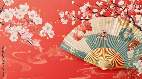 Elegant Traditional Japanese Fan with Floral Design Against a Vibrant Red Background Featuring Cherry Blossoms and Golden Accents photo