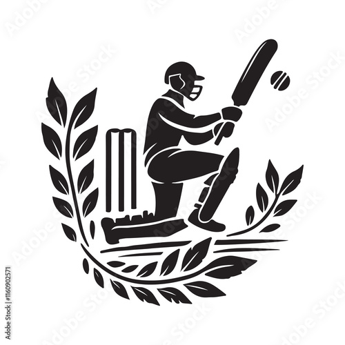 Cricket element Silhouette Vector Illustration, Solid White Background.