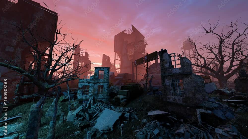 City Destroyed By War. Animation On The Theme Of Apocalypse. Wars And Destruction.