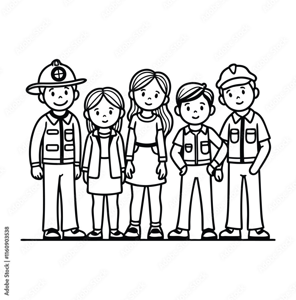 Line Art Illustration of Children with Emergency Services, Diverse Community Heroes, Coloring page kids outline art. Line Art Illustration of Children with Emergency Services, Diverse Community Heroes, Coloring page kids outline art.