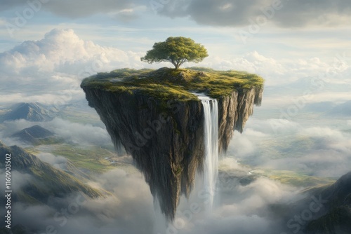 A floating island in the sky with a waterfall cascading off the edge into nothingness