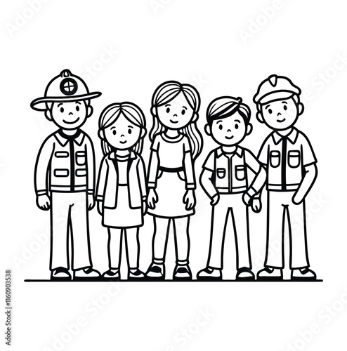Line Art Illustration of Children with Emergency Services, Diverse Community Heroes, Coloring page kids outline art.